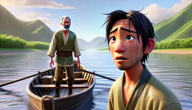 DALL·E 2024-09-19 08.10.24 - A 3D Pixar-style image of Liu Zheng standing in his boat, his face filled with shock and disbelief as he recognizes the rescued man. The rescued man, .webp