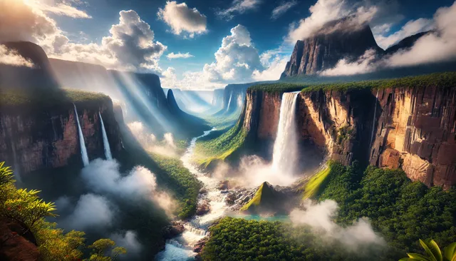 DALL·E 2025-01-10 08.49.20 - A breathtaking view of Angel Falls in Venezuela, showcasing water cascading dramatically from the towering Auyán-Tepui mountain. The scene is surround.webp