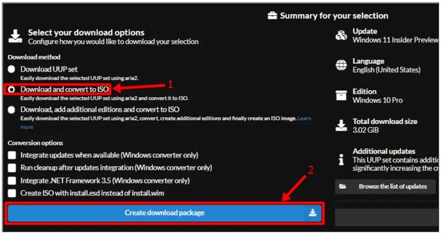 Select the radio button for Download and convert to ISO option, unchecked all the Conversion options, and then click on the Create Download Package button.