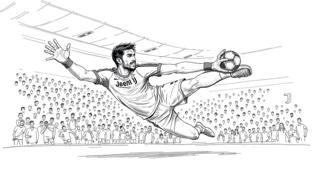 Bright, vibrant hand-drawn sketch of a Juventus FC goalkeeper, resembling Gigi Buffon, diving to save a shot during an indoor seven-a-side soccer match in a crowded arena. Rough lines, te.jpg