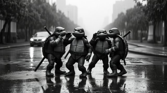 Classic black and white photograph depicting four Ninja Turtles bidding farewell in a wet, rainy scene. Timeless and elegant style, drizzling rain, reflective surfaces.jpg