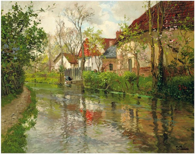 _Frits Thaulow (Norwegian, 1847-1906) .  Cottages by a river. oil on  canvas 64 x 79 cm..JPG