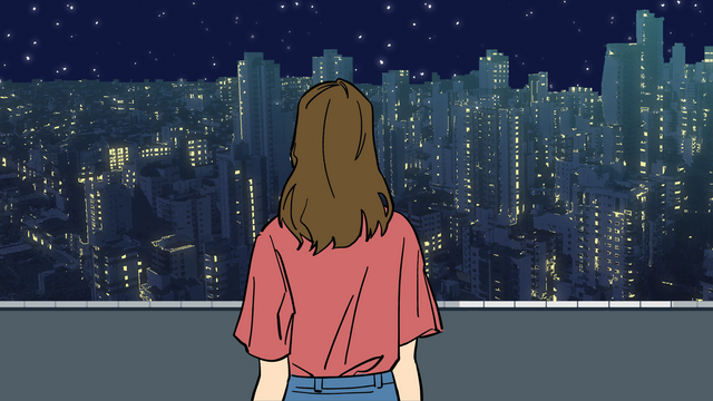 Violet Illustrated Girl  Sea View City Night Sky Desktop Wallpaper.png