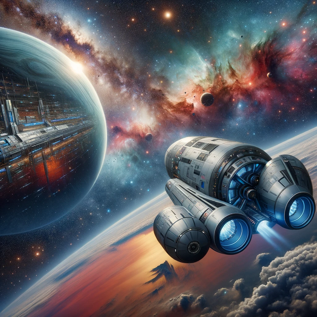 DALL·E 2023-11-18 01.06.55 - An artist's impression of a fictional spacecraft, named NovaX, orbiting a distant, colorful, and exotic planet. The spacecraft is sleek and futuristic.png