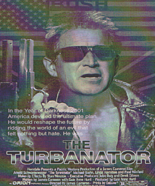 Bush the Turbanator BLACK WHITE SATIRE.png