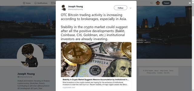 Joseph Young on Twitter   OTC Bitcoin trading activity is increasing according to brokerages, especially in Asia. Stability in the crypto market could suggest after all the positive developments  Bakkt, Coinbase, Citi.png
