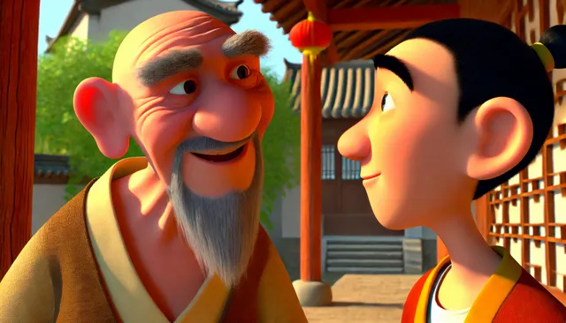 DALL·E 2024-09-18 05.37.02 - A 3D Pixar-style close-up image of an old Taoist priest and Li Ming talking. The priest’s face is full of wisdom, smiling with a knowing expression, w.webp