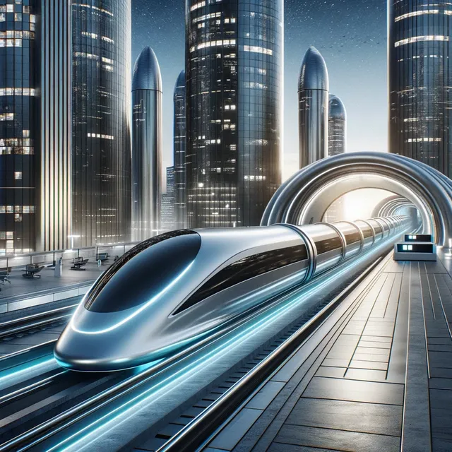 DALL·E 2024-03-25 14.29.26 - A conceptual image of a Hyperloop station with a futuristic high-speed train departing. The scene is set in a modern, technologically advanced city, s.webp