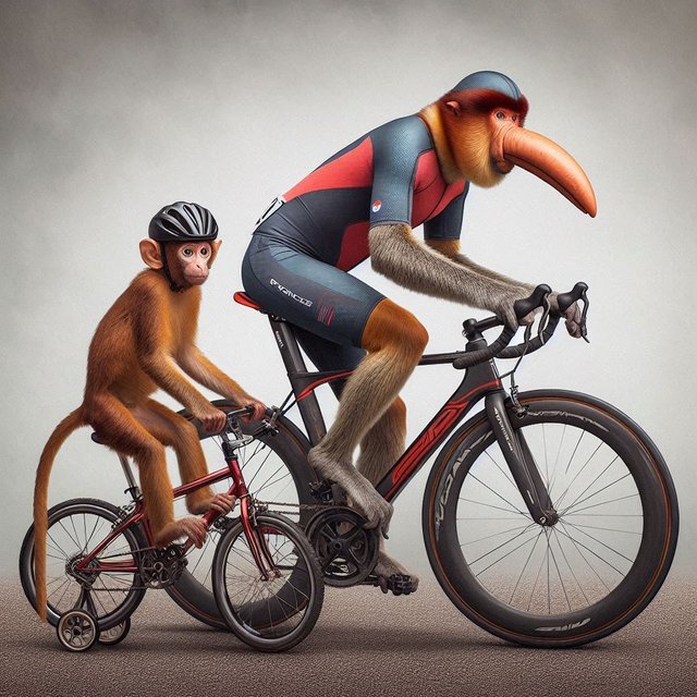 Adult proboscis wearing Tour-de-France kit monkey riding a modern carbon-fiber sports bicycle, next to baby proboscis monkey riding a rusty old 4-wheeler bicycle.png