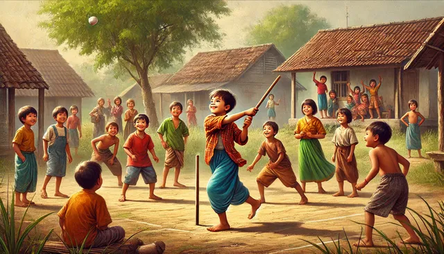 DALL·E 2024-11-17 00.16.21 - A lively and nostalgic scene depicting children playing the traditional game of 'Danguli' outdoors in a rural village setting. A child is using a stic.webp