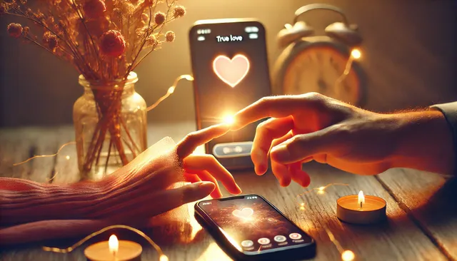 DALL·E 2024-10-03 18.47.21 - A high-quality photographic style image depicting the theme of finding true love in a digital world. The image should show a soft and romantic glow ar.webp