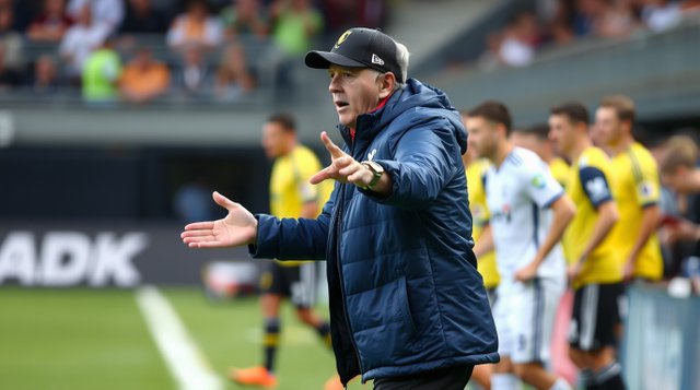 A high-resolution stock photo of a 7-a-side soccer coach giving instructions from the sidelines during a match, dynamic in motion, blurred lines, action poses, commercial, professional qu.jpg