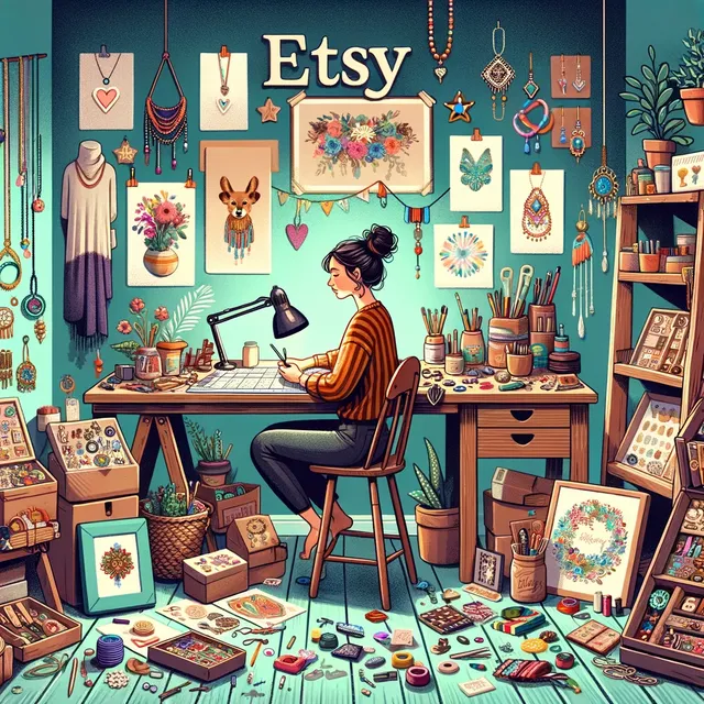 DALL·E 2024-02-12 07.19.36 - Illustrate a vibrant and engaging scene showcasing an Etsy shop owner working diligently in their craft room, surrounded by their unique handmade prod.webp