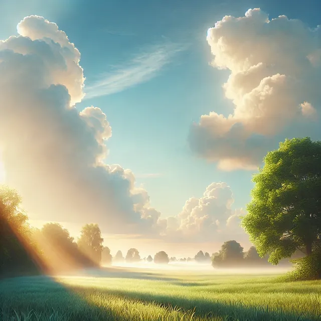 DALL·E 2024-11-02 22.26.57 - A serene, sunny day with gentle sunlight filtering through soft clouds. The scene shows a bright blue sky with a few wispy clouds, and a warm, invitin.webp