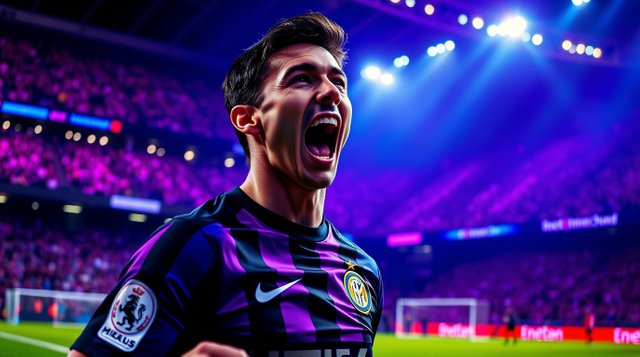 Creative light art featuring a tight close-up shot of a 35-year-old German man with short black hair, wearing an Inter Milan jersey, celebrating a penalty goal in a crowded arena on an ar.jpg