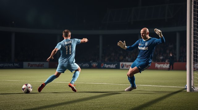 High contrast, low-key lighting image of a soccer game on a synthetic field. A player, number 11 Giordano, in a light blue jersey shoots, a 40 year-old bald goalkeeper in a blue Parmalat .jpg