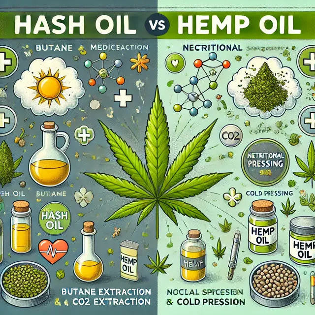 DALL·E 2024-08-04 06.27.13 - A detailed illustration showing the difference between hash oil and hemp oil. The left side features hash oil with cannabis leaves, medical symbols, a.webp