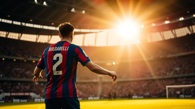 Warm golden hour light illuminates a crowded indoor soccer arena. A Bologna FC player, number 2 Bulgarelli, wearing a red and blue striped jersey, celebrates a goal from the back, soft li.jpg