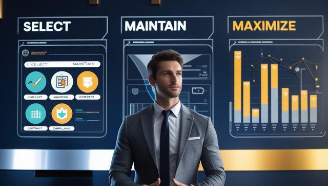 A modern 2025-style business scene showing a confident entrepreneur at a large digital dashboard with three sections labeled “Select,” “Maintain,” and “Maximize.” Each section has vivid visual icons — a checklist a.jpg