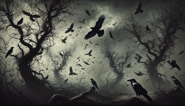 DALL·E 2024-07-29 21.17.23 - A dark, eerie landscape filled with a large number of crows perched on twisted trees and flying in the gloomy sky. The scene is haunting with the crow.webp