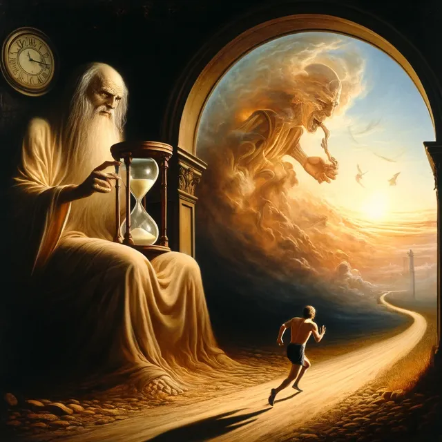 DALL·E 2024-04-28 12.26.11 - A thought-provoking painting depicting the phrase 'He who rushes time hurries towards his own death'. The artwork should feature an allegorical repres.webp