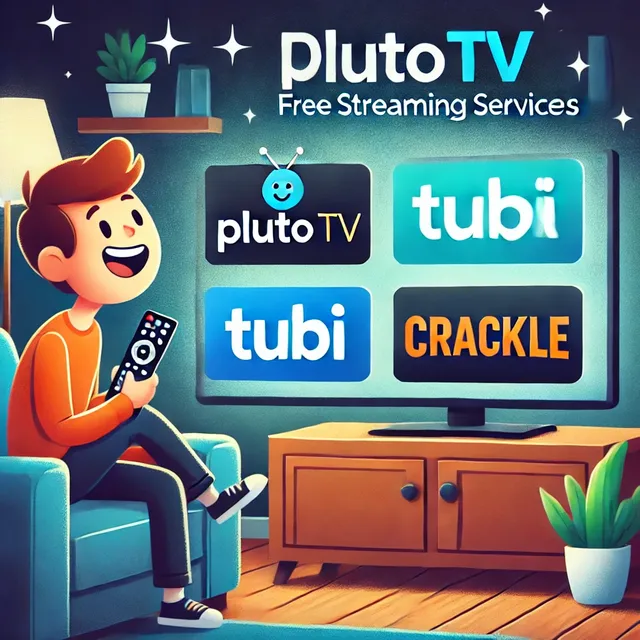 DALL·E 2025-02-09 11.23.50 - A person happily watching TV with free streaming services like Pluto TV, Tubi, and Crackle displayed on the screen. The logos should be clearly visibl.webp