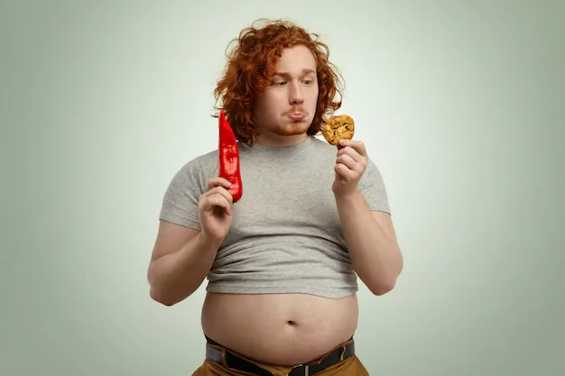 people-food-diet-nutrition-unhealthy-lifestyle-sad-indecisive-young-plump-man-with-big-stomach-hanging-out-jeans-facing-difficult-dilemma-vegetable-cookie_273609-582.webp