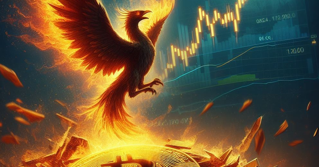 A phoenix rising from the ashes of a broken Bitcoin chart, symbolizing its resurgence.png