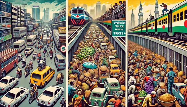 DALL·E 2025-03-13 22.05.12 - A thought-provoking banner depicting social issues in Bangladesh. The image should feature_ 1) Heavy traffic congestion with ordinary people stuck in .webp