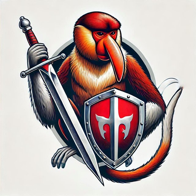 proboscis monkey with red fur holding sword and shield, Matejko style.png