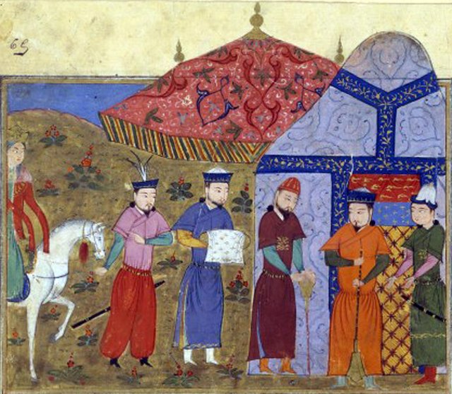 genhis khan reeiving tribute from Jin (Chinese) envoys Sayf al-Vâhidî 1430.jpg
