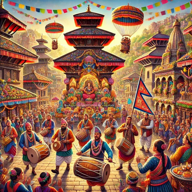 DALL·E 2024-11-01 19.55.20 - A colorful and festive scene depicting a traditional Newari festival in Kathmandu Valley, featuring cultural parades, musicians playing traditional in.webp