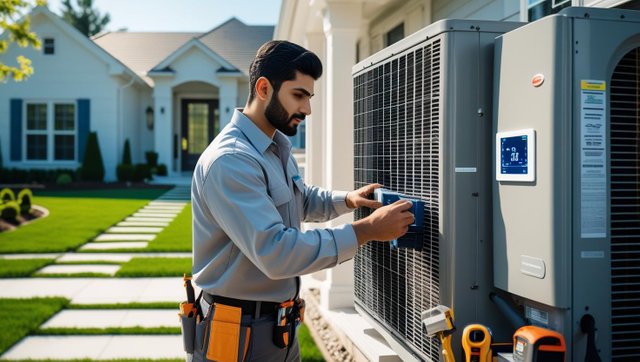 A residential HVAC technician assessing or installing an air conditioning unit outside a modern suburban home. Optional interior shot of a homeowner adjusting a smart thermostat. Emphasis on comfort, right-sizing s.jpg