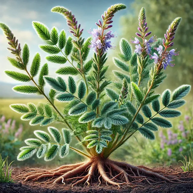 DALL·E 2024-10-14 10.48.44 - A detailed image of the Glycyrrhiza glabra plant, also known as licorice, in a natural setting. The plant has green, feather-like leaves and purple or.webp