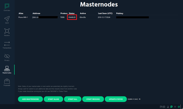 Мастернода Phore успешно запущена и работает. Status - ENABLED