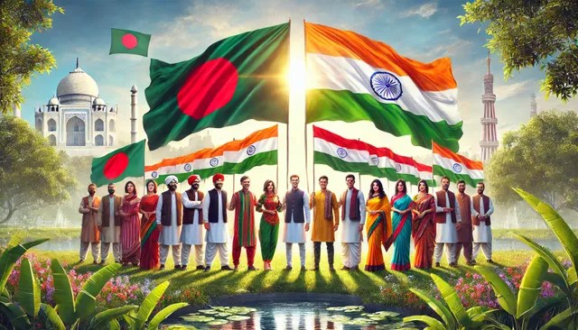 DALL·E 2024-12-03 23.26.45 - A striking and harmonious image representing peace and friendship between Bangladesh and India. People from both countries are standing together, hold.webp