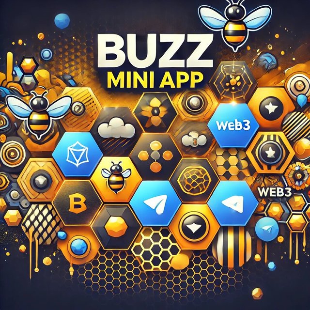 DALL·E 2024-09-16 17.37.28 - A vibrant banner for the Buzz Mini App with a honeybee-inspired color scheme (yellow, black, and honey brown) and hexagonal elements. Incorporate Web3.jpg
