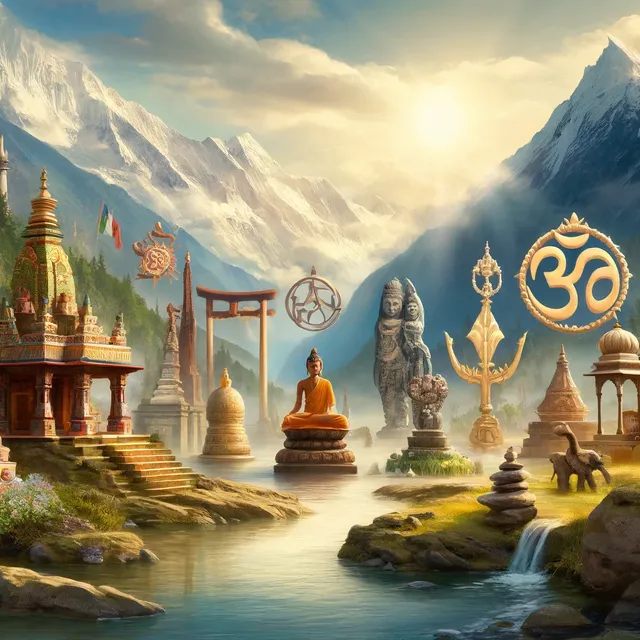 DALL·E 2024-04-12 15.24.39 - A serene scene depicting a confluence of different religious symbols in the Himalayas, showcasing a blend of Hindu, Buddhist, Jain, and Sikh elements.webp