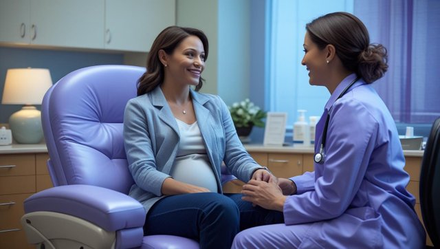 A warm, professional illustration of a woman sitting comfortably in a doctor’s office, speaking with a friendly OB-GYN. Soft, calming tones (like light blue, lavender, or beige) with a supportive and reassuring atm.jpg