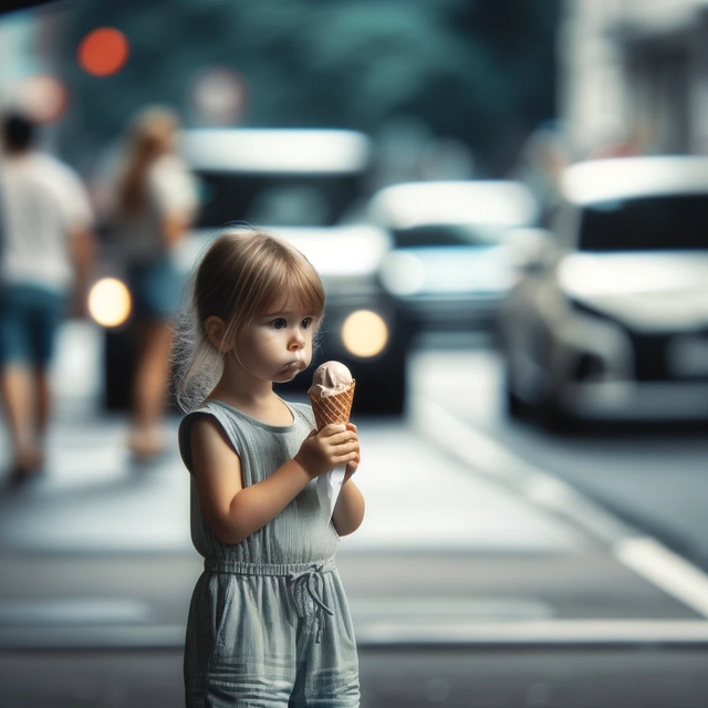 DALL·E 2023-12-24 16.56.33 - A small girl standing alone, eating an ice cream cone, looking distracted and unaware of her surroundings. The scene is set on a busy city street, wit.png