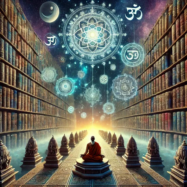 DALL·E 2025-03-11 11.41.21 - A surreal depiction of infinite knowledge inspired by India. A vast cosmic library with endless bookshelves stretching into infinity, adorned with int.webp