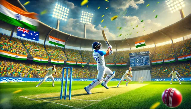 DALL·E 2024-11-27 23.15.57 - A vibrant and action-packed scene depicting Indian cricketer Yashasvi Jaiswal during the first Test match between India and Australia. The image captu.webp