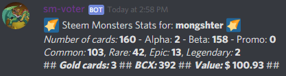 SteemMonsters Bot on Discord reporting stats for @mongshter