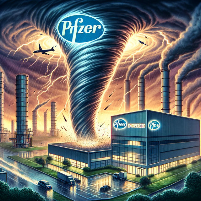 DALL·E 2024-01-15 19.55.04 - An illustration depicting a tornado striking a Pfizer facility, symbolizing the conspiracy theory about engineered disasters for insurance fraud. The .png