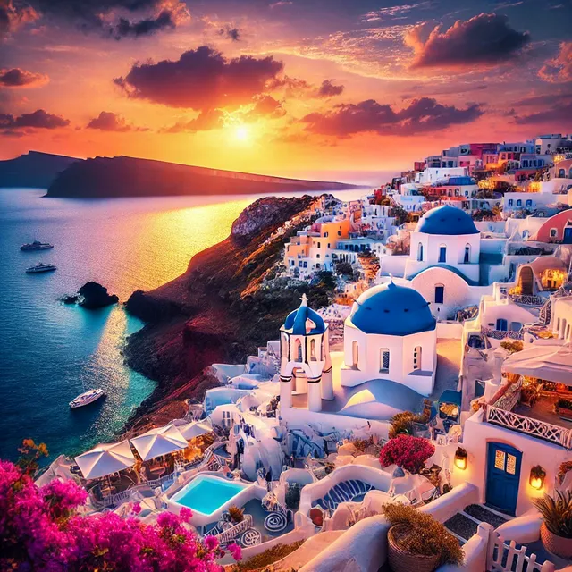 DALL·E 2025-01-22 07.51.23 - A stunning view of Santorini, Greece, captured during sunset. The iconic whitewashed buildings with blue-domed roofs cascade down the cliffs, overlook.webp