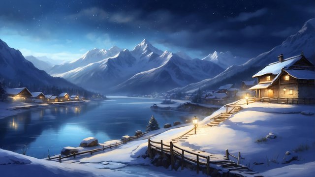 美丽的冬季风景 夜晚 雪景 ѩɽ 湖水 房子 灯光 桌面壁纸_彼岸壁纸.jpg