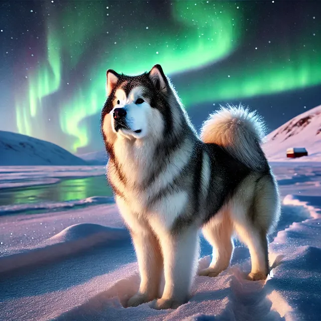 DALL·E 2024-09-04 15.39.44 - An Alaskan Malamute standing majestically in a snowy landscape under a vibrant aurora borealis in the night sky. The dog has thick, dense fur that is .webp