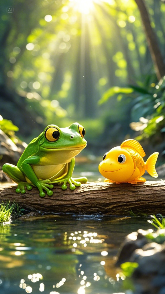 A cheerful green frog and a smiling golden fish playing together on a log in a sunny, peaceful fores....png