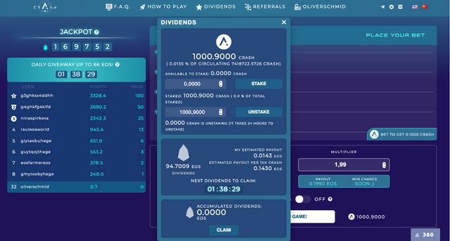 eos crash game dividends