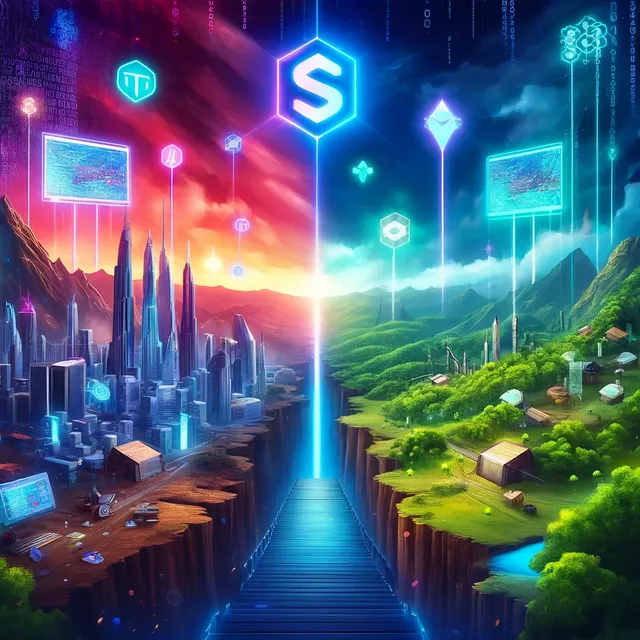 DALL·E 2024-05-20 08.06.34 - A vibrant digital artwork symbolizing the rivalry between two blockchain platforms, STEEM and HIVE. The image depicts a dramatic landscape split into .webp